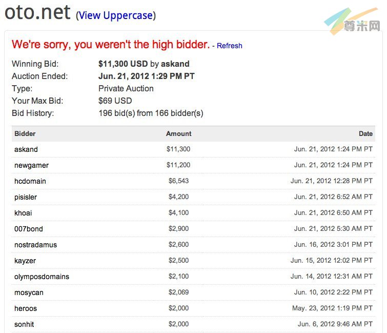 域名oto.net拍卖页面（截图）
