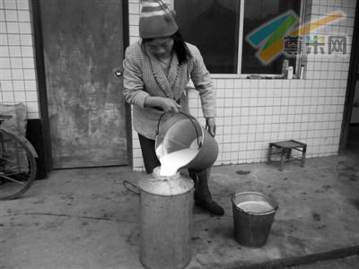 12月28日，四川洪雅县阳坪村，一名奶农将攒了两天的奶倒入奶瓶准备出售。